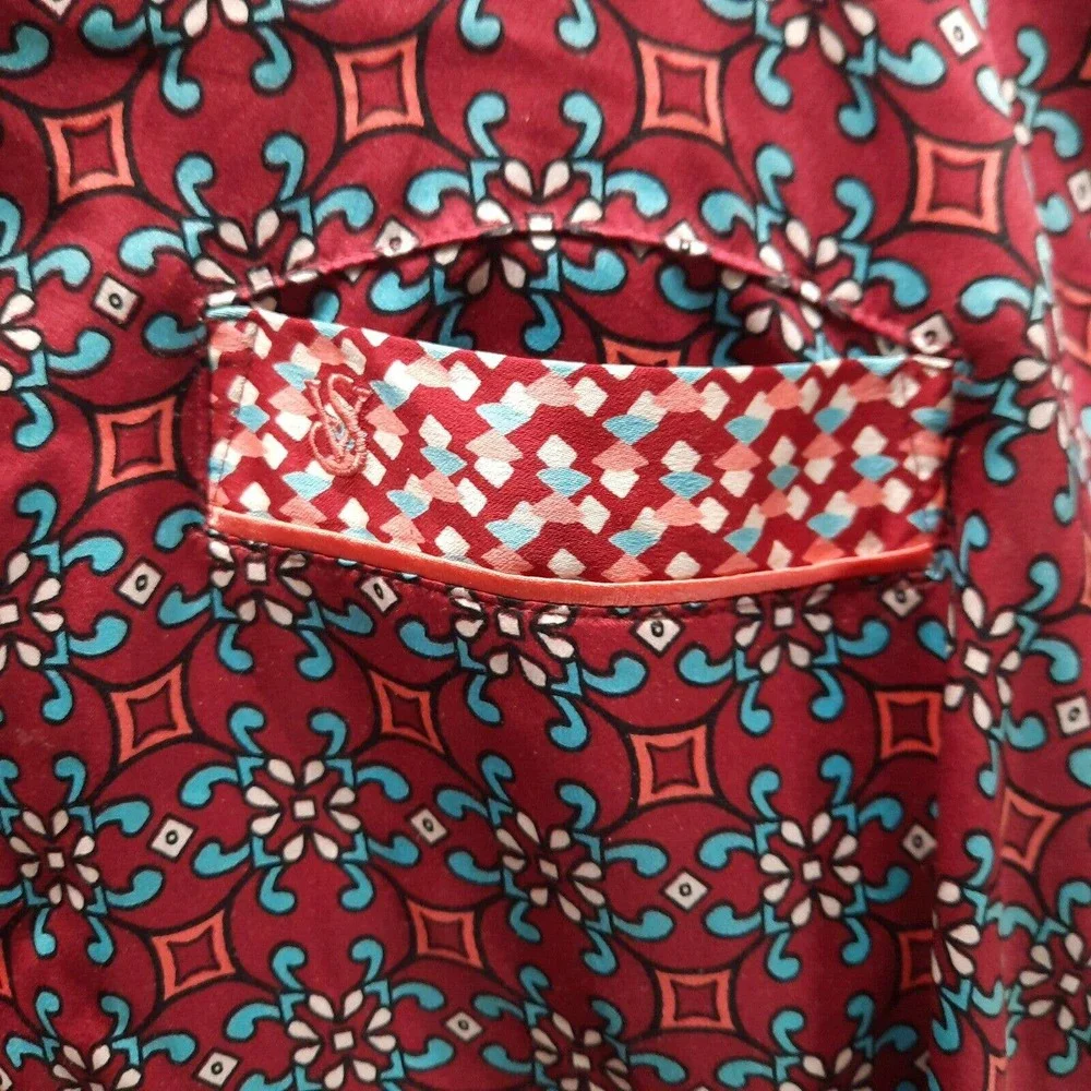 Victoria Secret Sleep Shirt Women Medium Red‎ Busy Batik Satin Sleepwear Bedtime